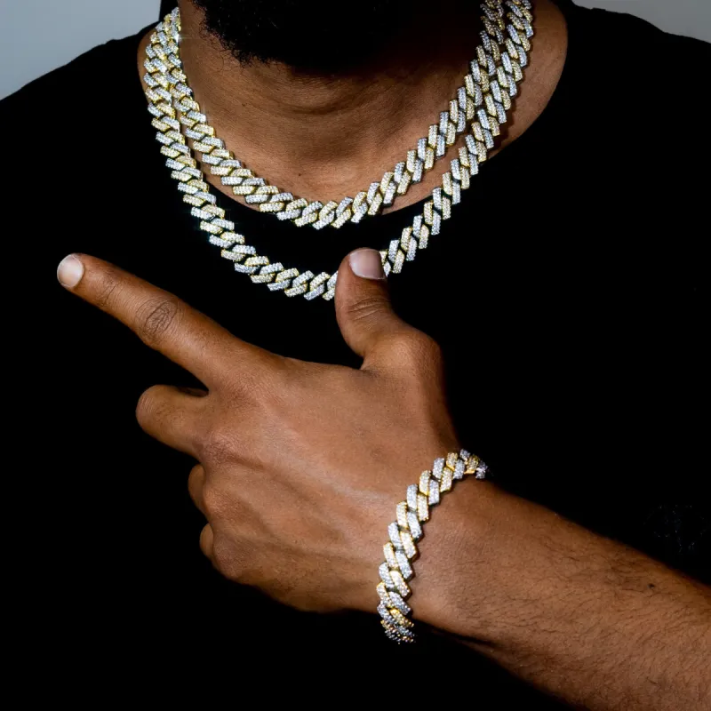Two-Tone Iced Prong Cuban Link Bracelet in Gold and White Gold Plating made by Ghetluxe