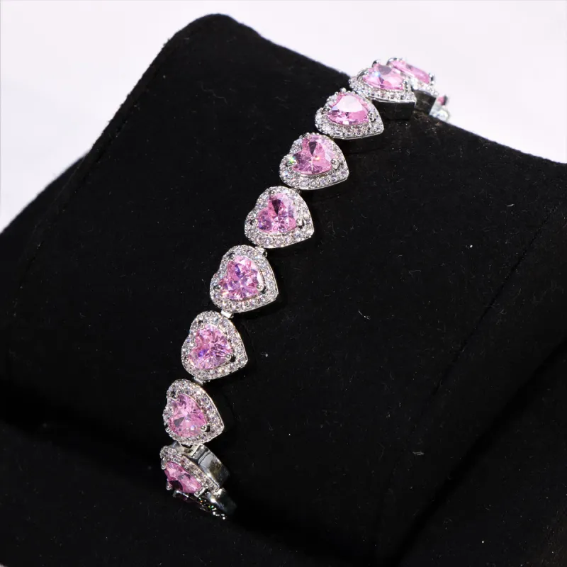 Women's Pink Heart Cut Cluster Tennis Bracelet White Gold sold by Ghetluxe