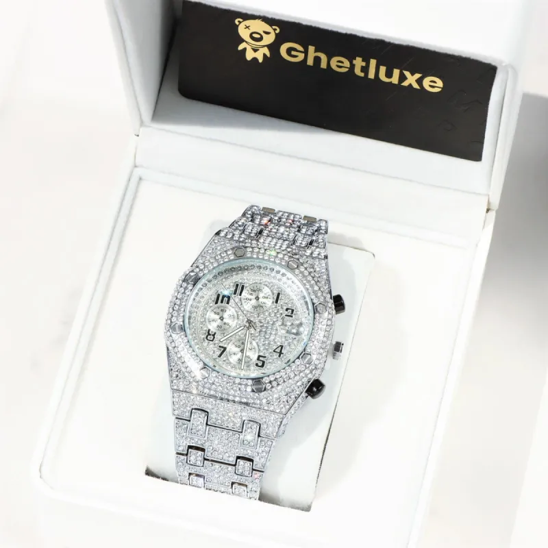 45mm Full Iced Watch in White Gold sold by Ghetluxe