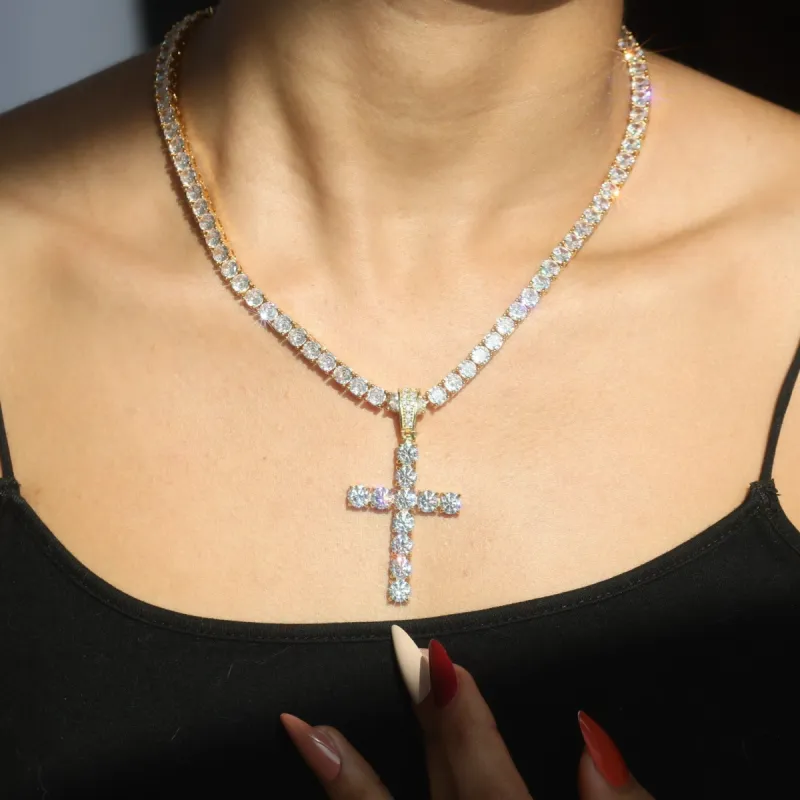 Women's Gold Diamond Cross Pendant + 5mm Tennis Chain sold by Ghetluxe