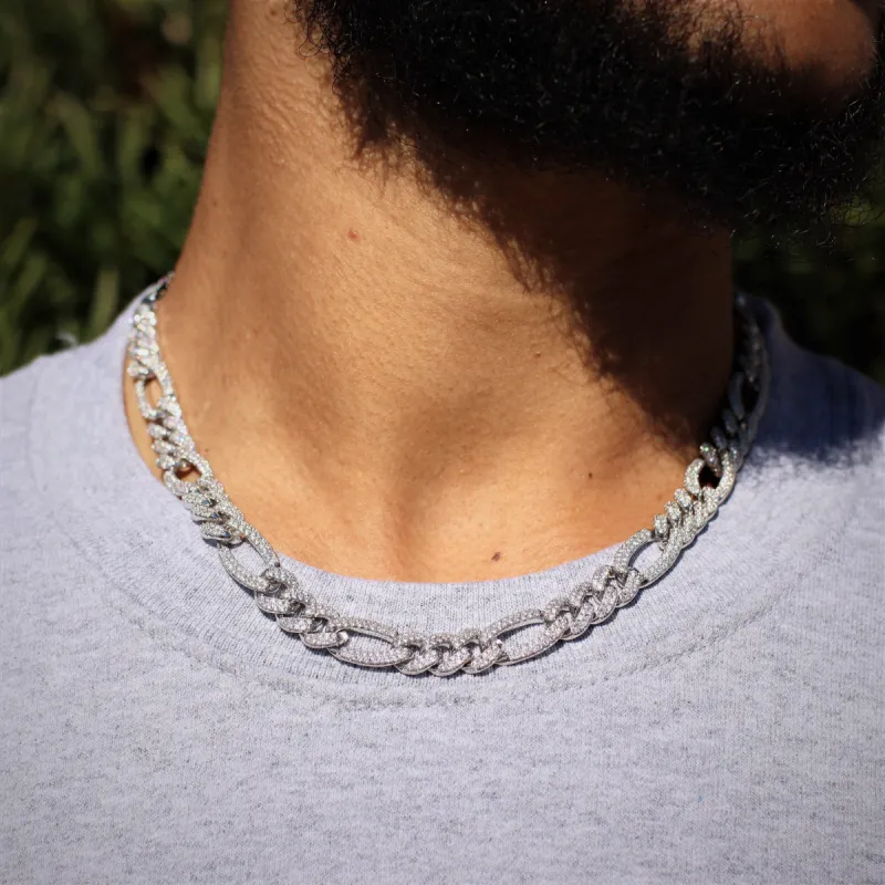 10mm Diamond Figaro Chain in White Gold sold by Ghetluxe