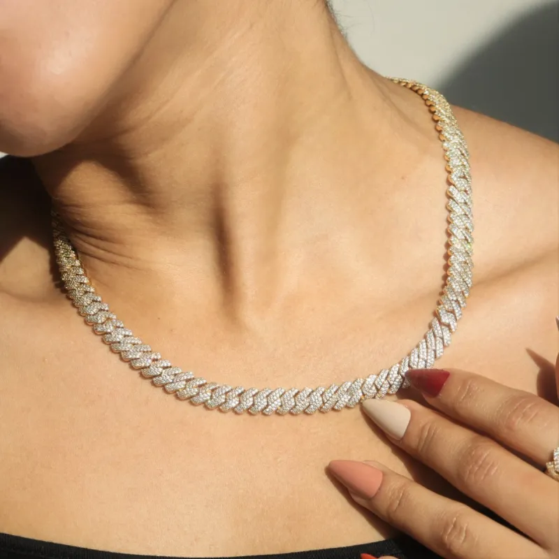 Women's 8mm Diamond Prong Cuban Chain in 18K Gold sold by Ghetluxe