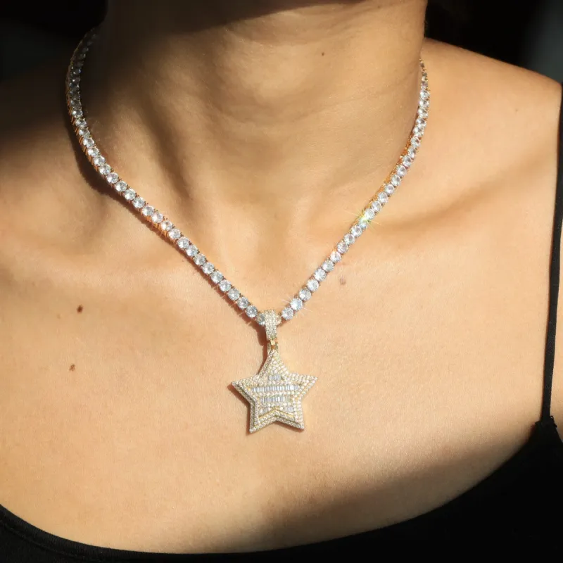 Women's Baguette Diamond Star Pendant+4mm Diamond Tennis Chain sold by Ghetluxe