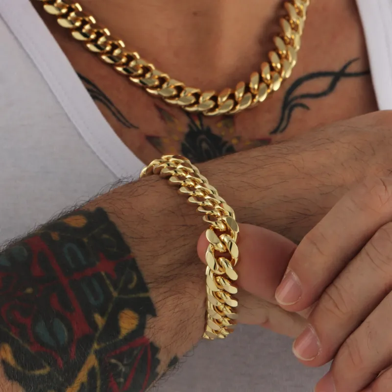 12mm Cuban Link Chain + Bracelet Bundle 18K Gold Plated sold by Ghetluxe