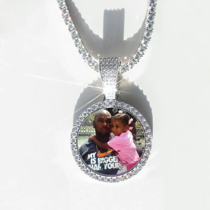 Round VVS Moissanite Custom Photo Pendant in Vermeil sold by Ghetluxe