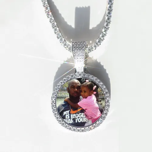 Round VVS Moissanite Custom Photo Pendant in Vermeil sold by Ghetluxe