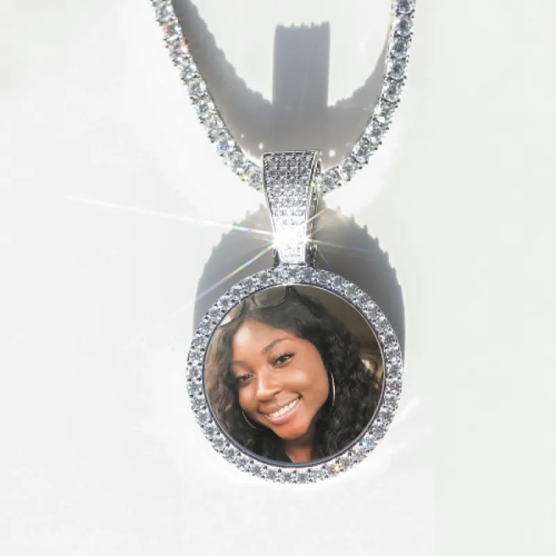 Round VVS Moissanite Custom Photo Pendant in Vermeil sold by Ghetluxe