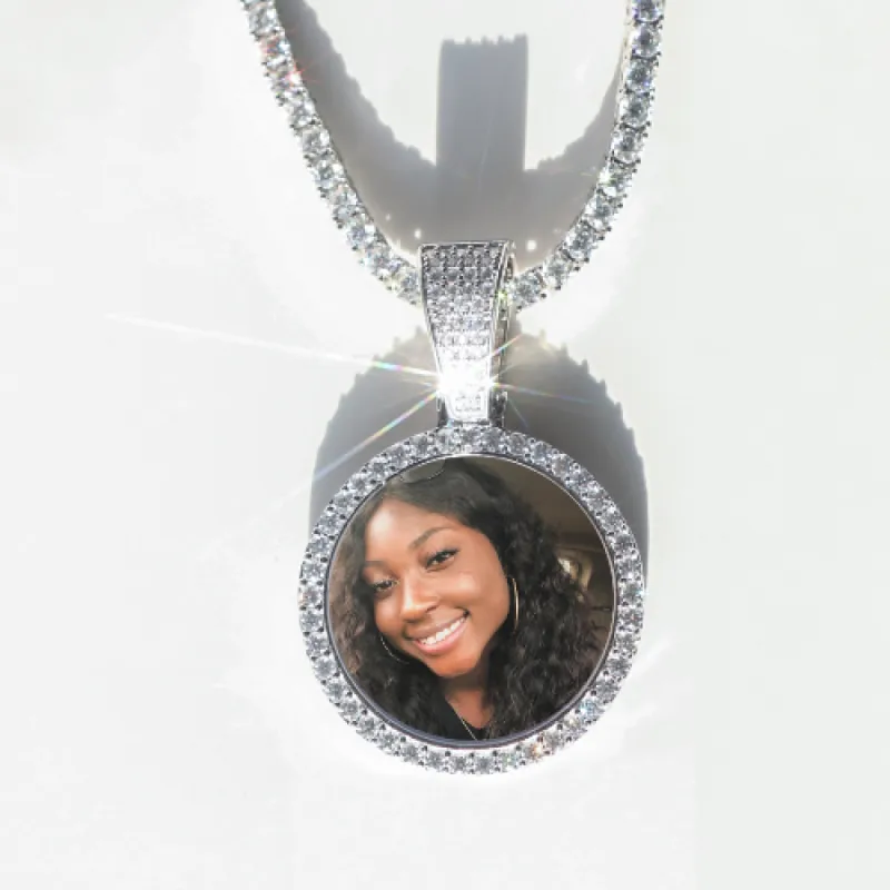 Round VVS Moissanite Custom Photo Pendant in Vermeil sold by Ghetluxe