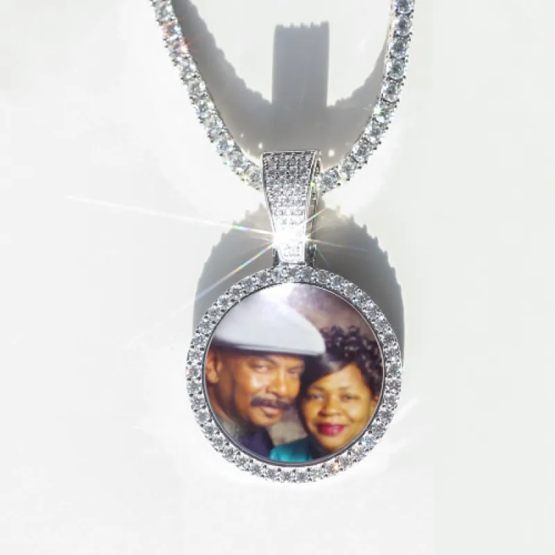 Round VVS Moissanite Custom Photo Pendant in Vermeil sold by Ghetluxe