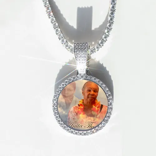 Round VVS Moissanite Custom Photo Pendant in Vermeil sold by Ghetluxe