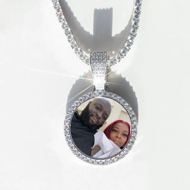 Round VVS Moissanite Custom Photo Pendant in Vermeil sold by Ghetluxe