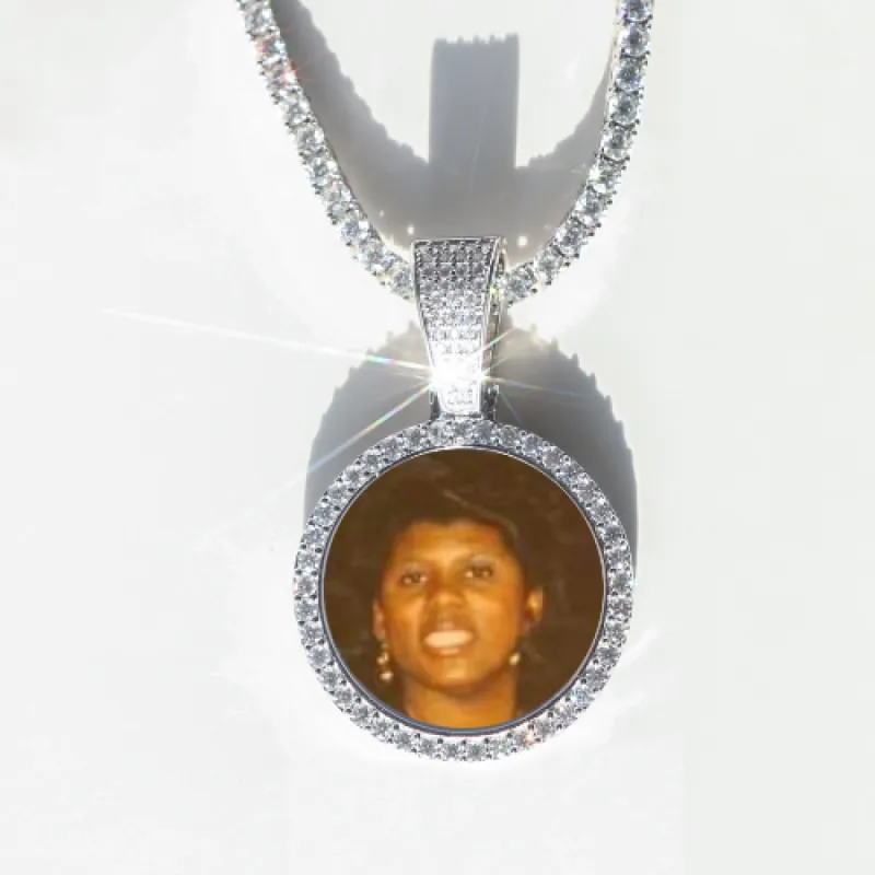Round VVS Moissanite Custom Photo Pendant in Vermeil sold by Ghetluxe