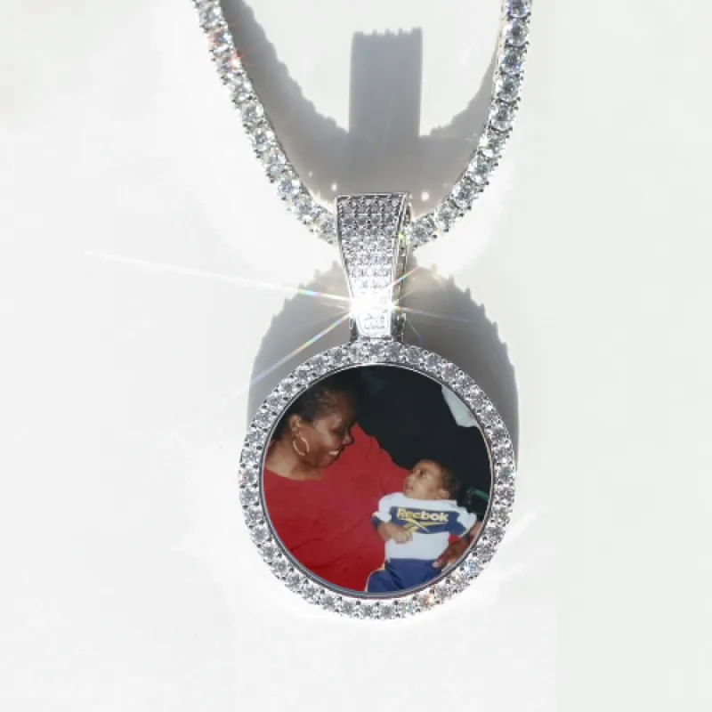 Round VVS Moissanite Custom Photo Pendant in Vermeil sold by Ghetluxe