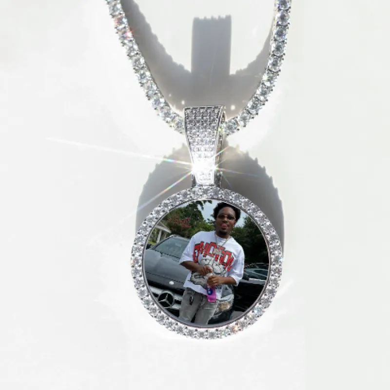 Round VVS Moissanite Custom Photo Pendant in Vermeil sold by Ghetluxe