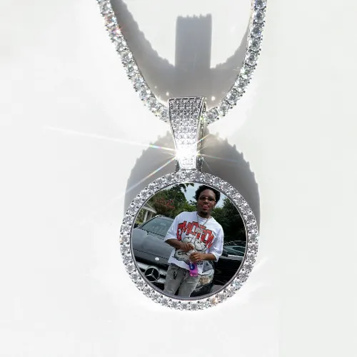 Round VVS Moissanite Custom Photo Pendant in Vermeil sold by Ghetluxe