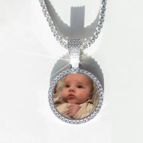 Round VVS Moissanite Custom Photo Pendant in Vermeil sold by Ghetluxe