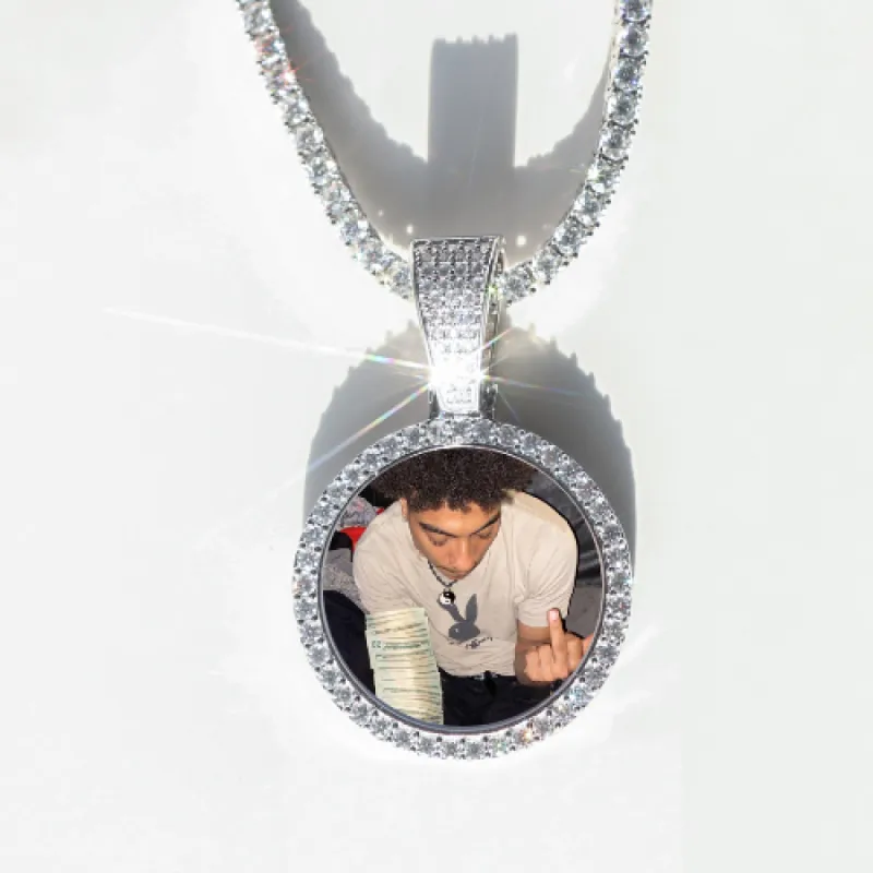 Round VVS Moissanite Custom Photo Pendant in Vermeil sold by Ghetluxe