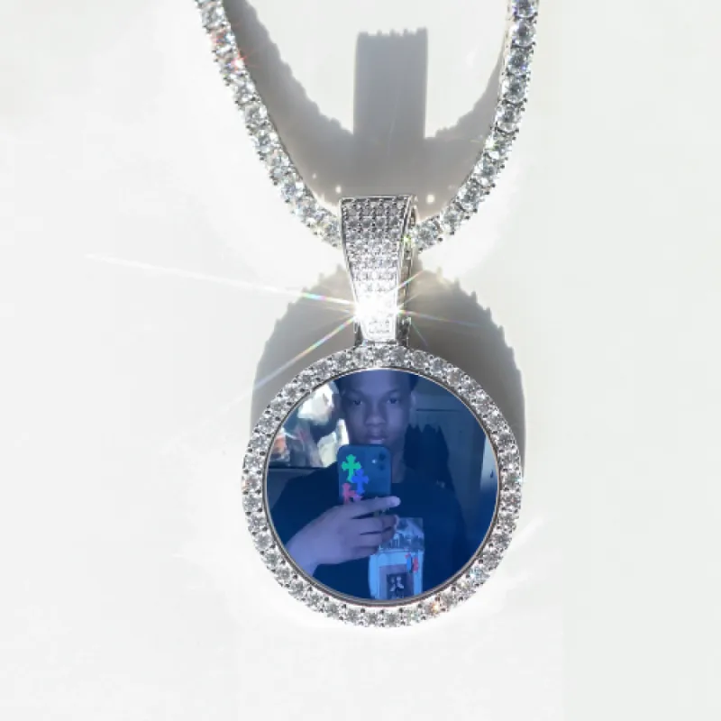 Round VVS Moissanite Custom Photo Pendant in Vermeil sold by Ghetluxe