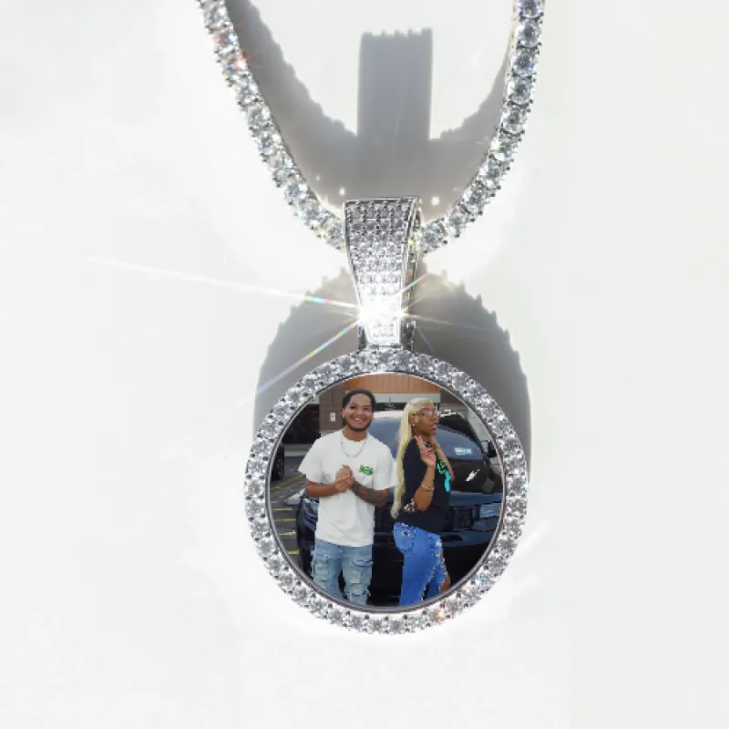 Round VVS Moissanite Custom Photo Pendant in Vermeil sold by Ghetluxe