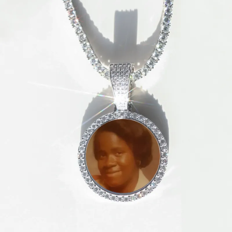 Round VVS Moissanite Custom Photo Pendant in Vermeil sold by Ghetluxe
