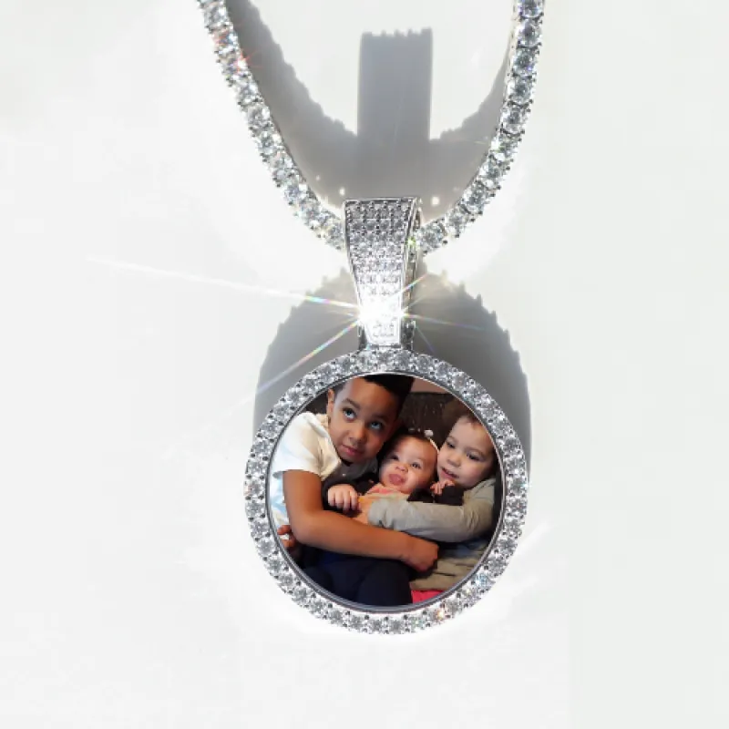 Round VVS Moissanite Custom Photo Pendant in Vermeil sold by Ghetluxe