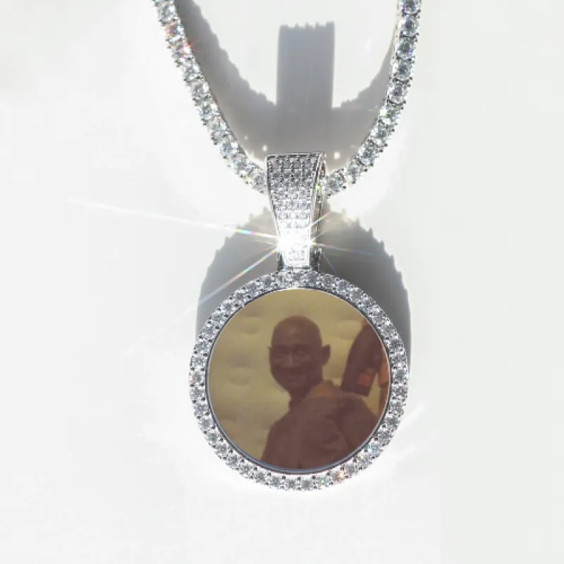 Round VVS Moissanite Custom Photo Pendant in Vermeil sold by Ghetluxe