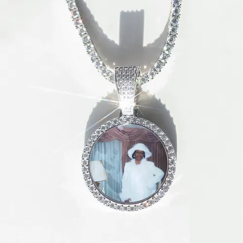 Round VVS Moissanite Custom Photo Pendant in Vermeil sold by Ghetluxe