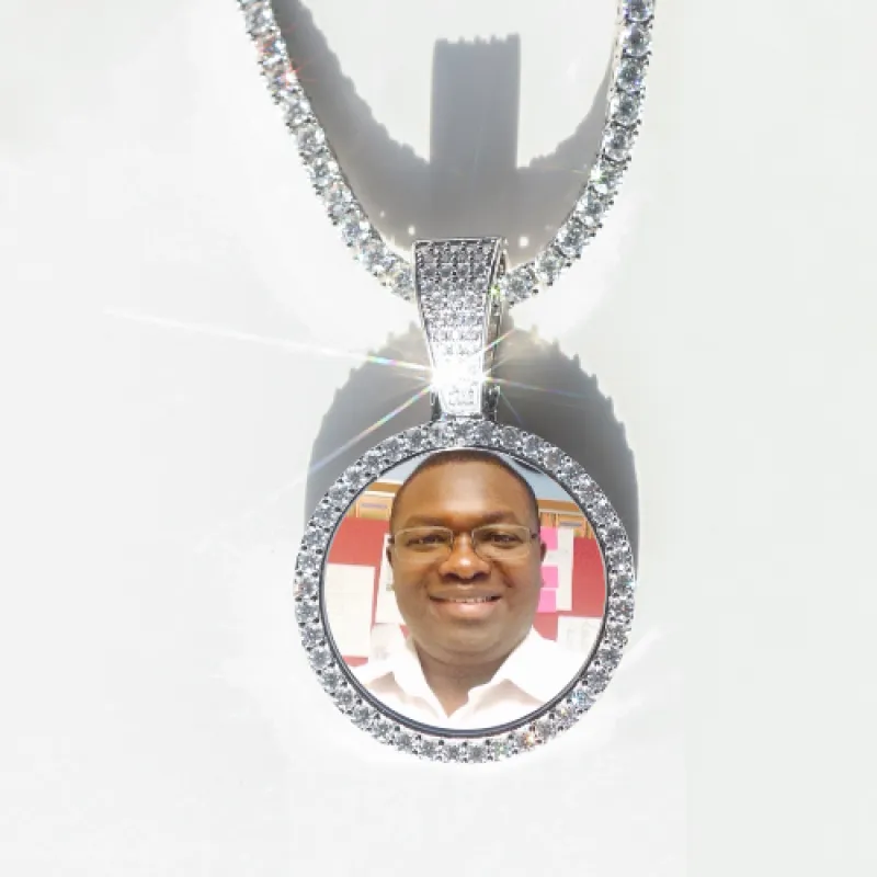 Round VVS Moissanite Custom Photo Pendant in Vermeil sold by Ghetluxe