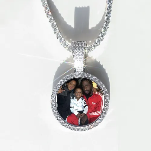 Round VVS Moissanite Custom Photo Pendant in Vermeil sold by Ghetluxe
