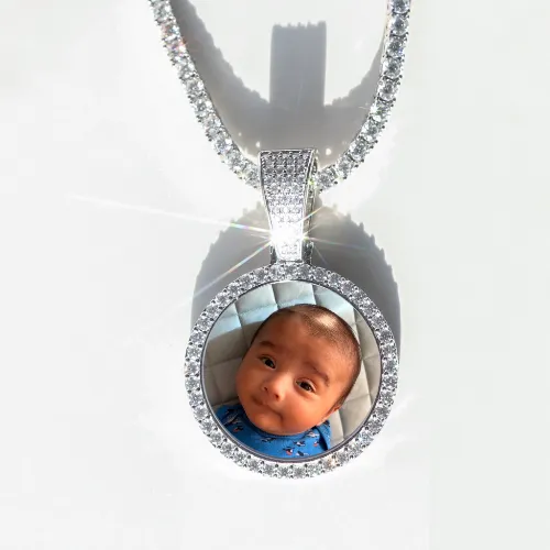 Round VVS Moissanite Custom Photo Pendant in Vermeil sold by Ghetluxe