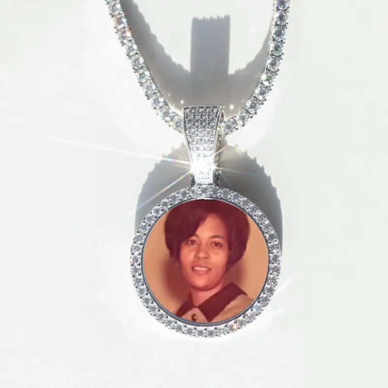Round VVS Moissanite Custom Photo Pendant in Vermeil sold by Ghetluxe