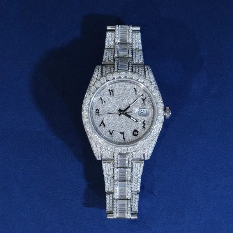 Moissanite Iced Numeral Dial Watch In White Gold sold by Ghetluxe