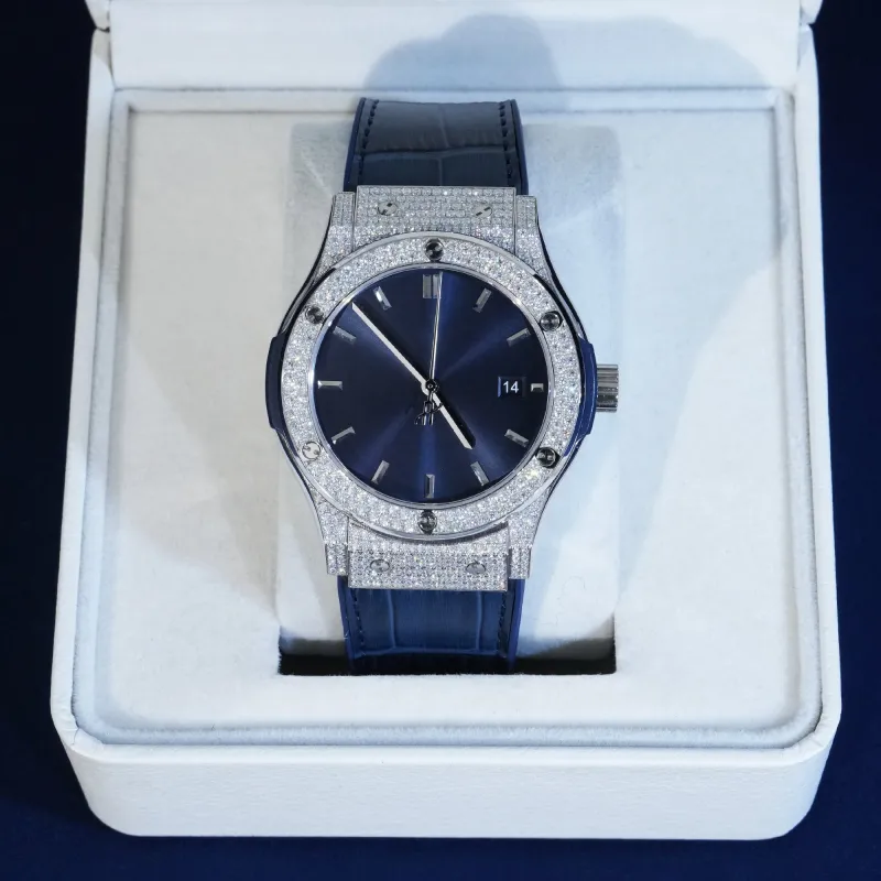 Moissanite Iced Navy Face Watch Leather Band sold by Ghetluxe