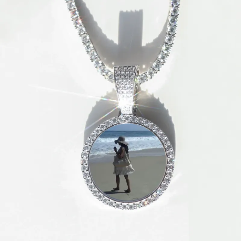 Round VVS Moissanite Custom Photo Pendant in Vermeil sold by Ghetluxe