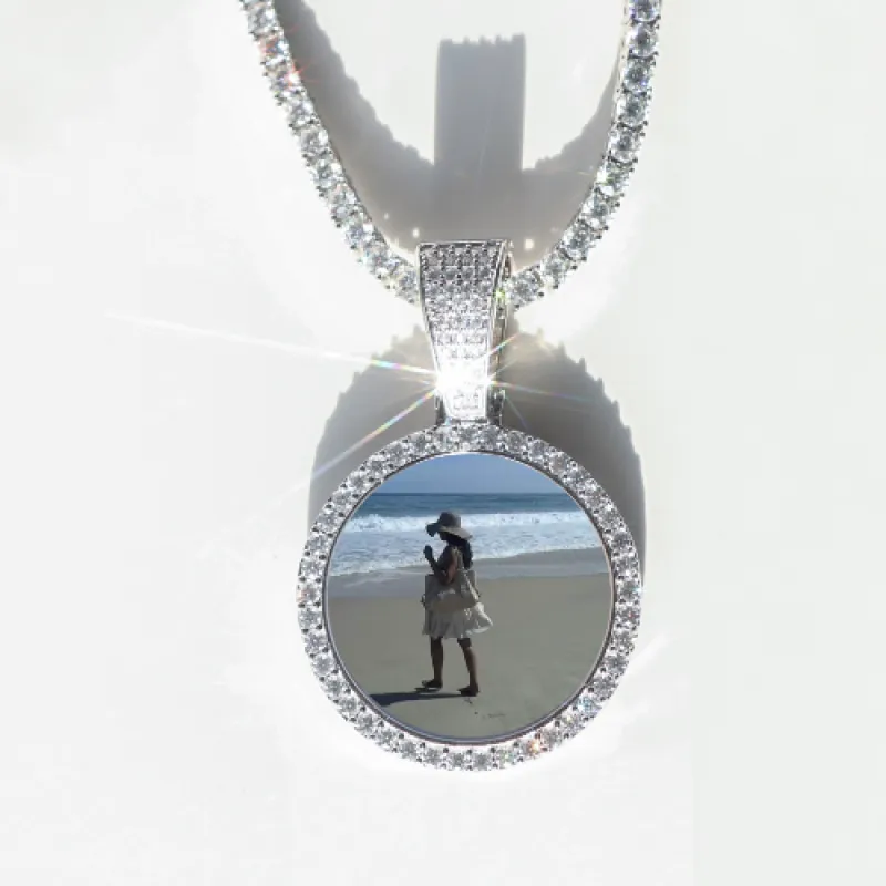 Round VVS Moissanite Custom Photo Pendant in Vermeil sold by Ghetluxe