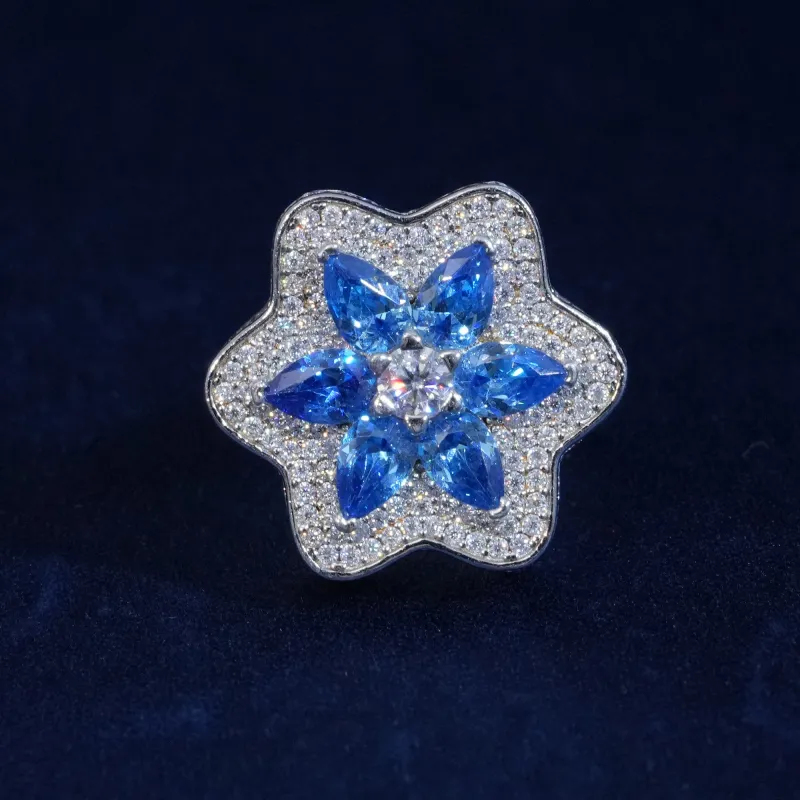 Moissanite Blue Flower Iced Ring sold by Ghetluxe