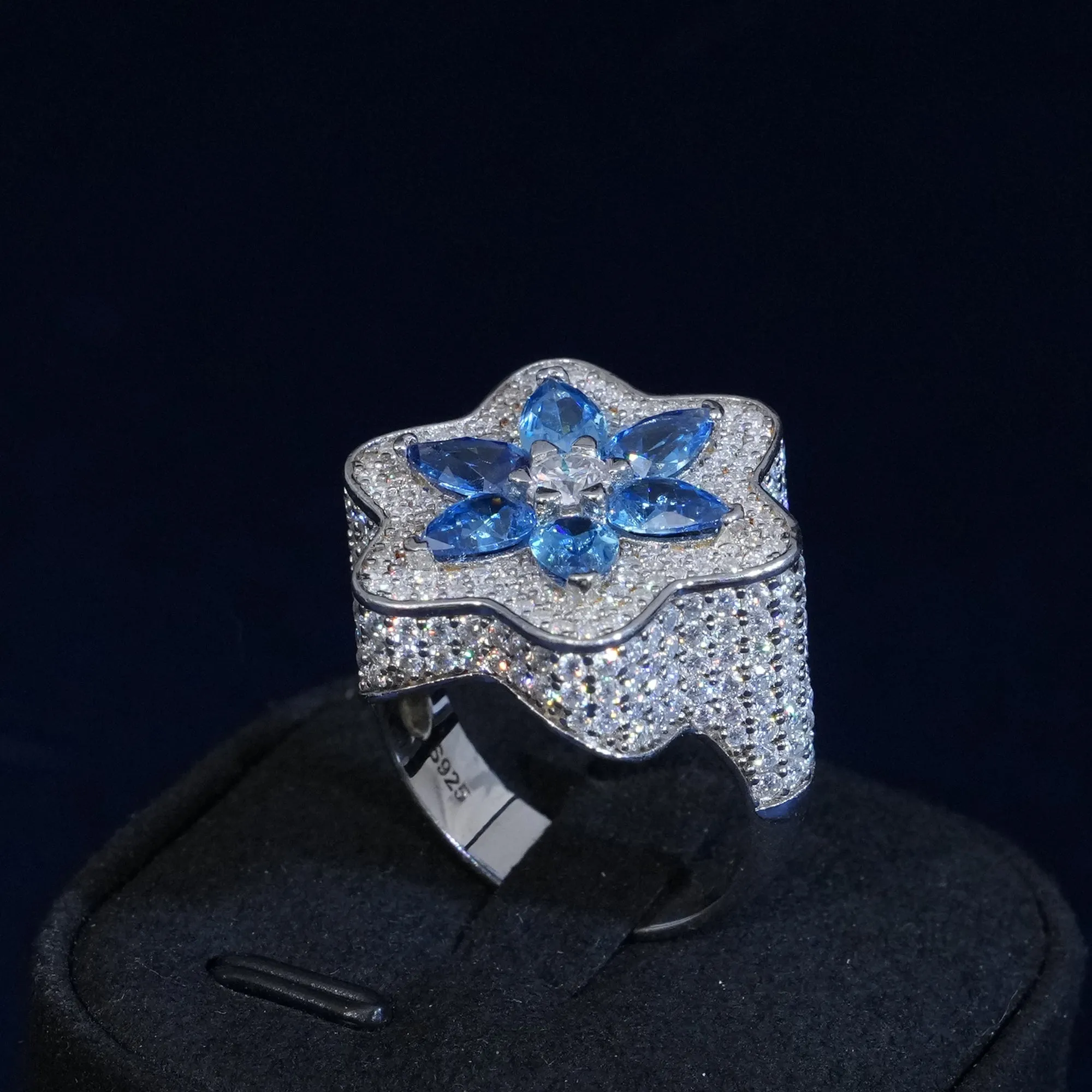 Moissanite Blue Flower Iced Ring sold by Ghetluxe product image thumbnail 4