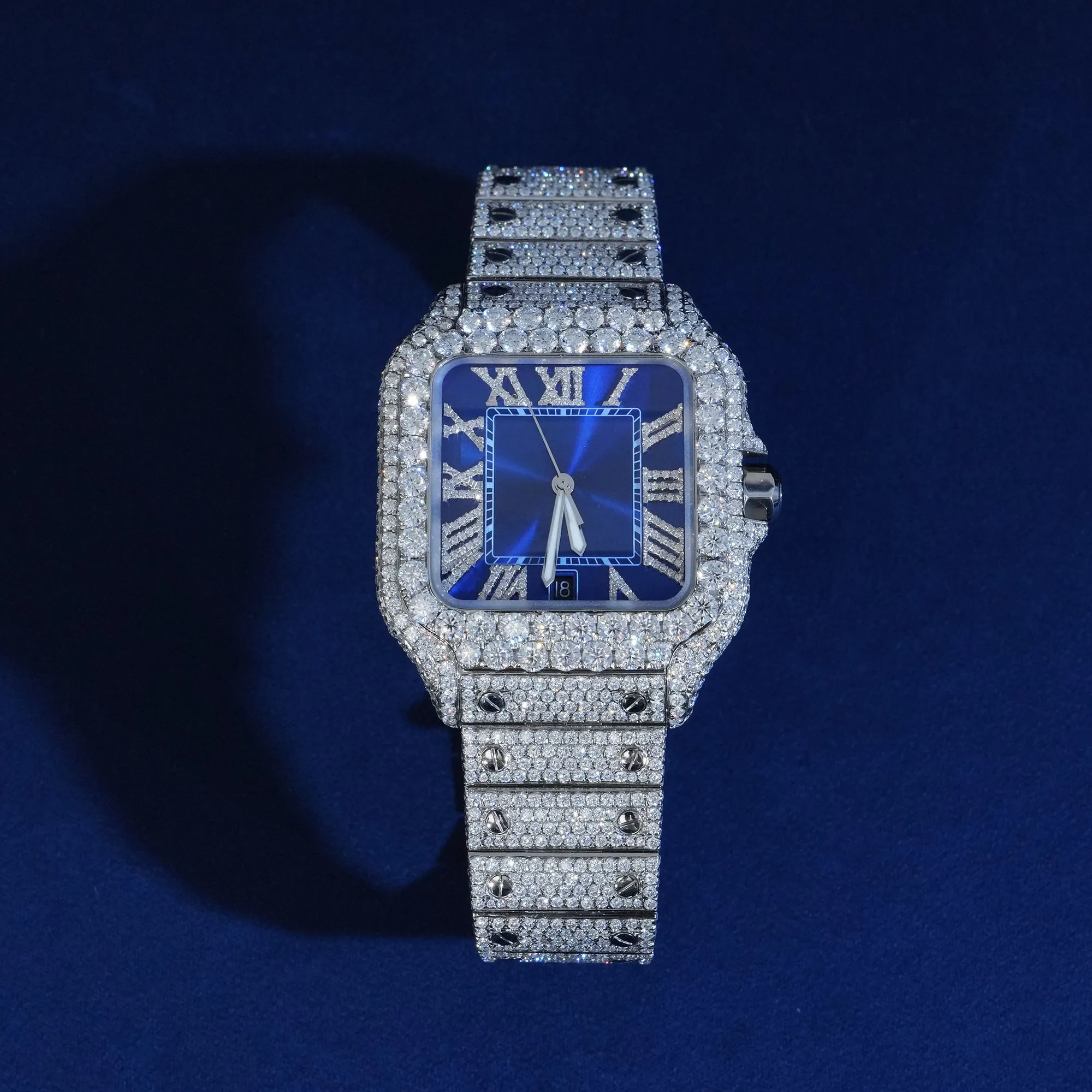Moissanite Roman Number Blue Dial Watch sold by Ghetluxe