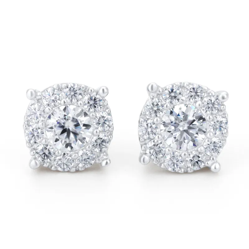 Round Floral Moissanite Stud Earrings in Sterling Silver sold by Ghetluxe