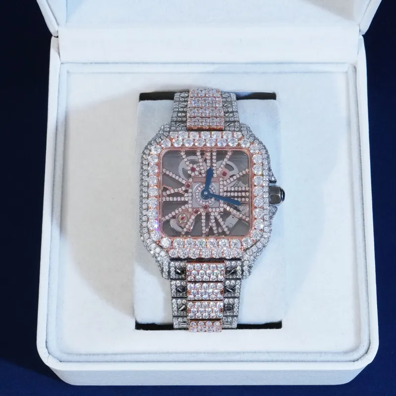 Moissanite Two-Tone Skeleton Mechanical Watch sold by Ghetluxe