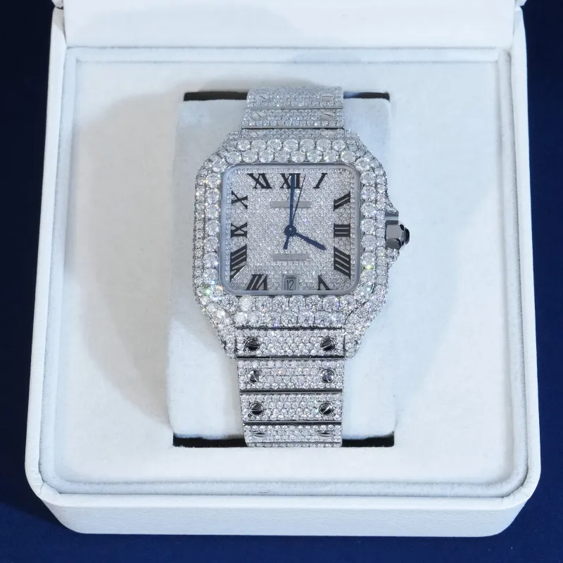 Moissanite Roman Numeral Dial Watch Blue Hands sold by Ghetluxe