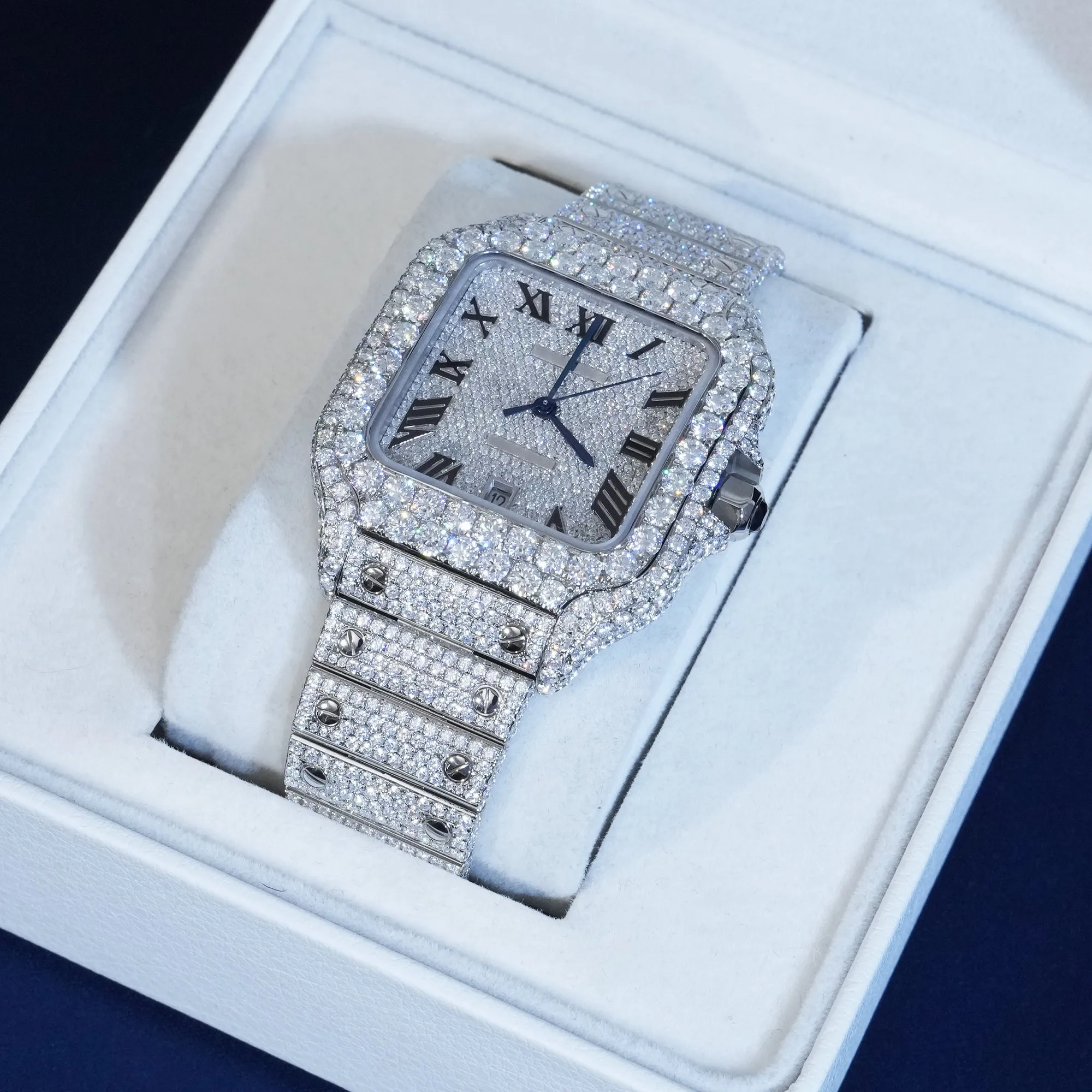 Moissanite Roman Numeral Dial Watch Blue Hands sold by Ghetluxe product image thumbnail 2