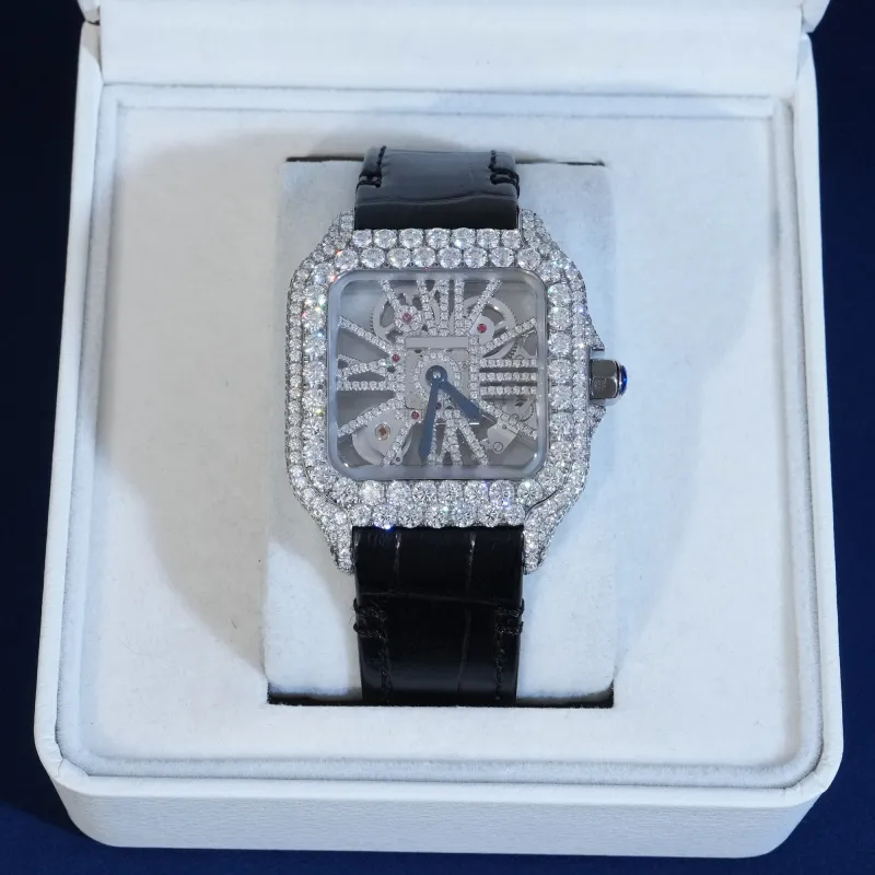 Moissanite Skeleton Mechanical Watch LEATHER BAND sold by Ghetluxe