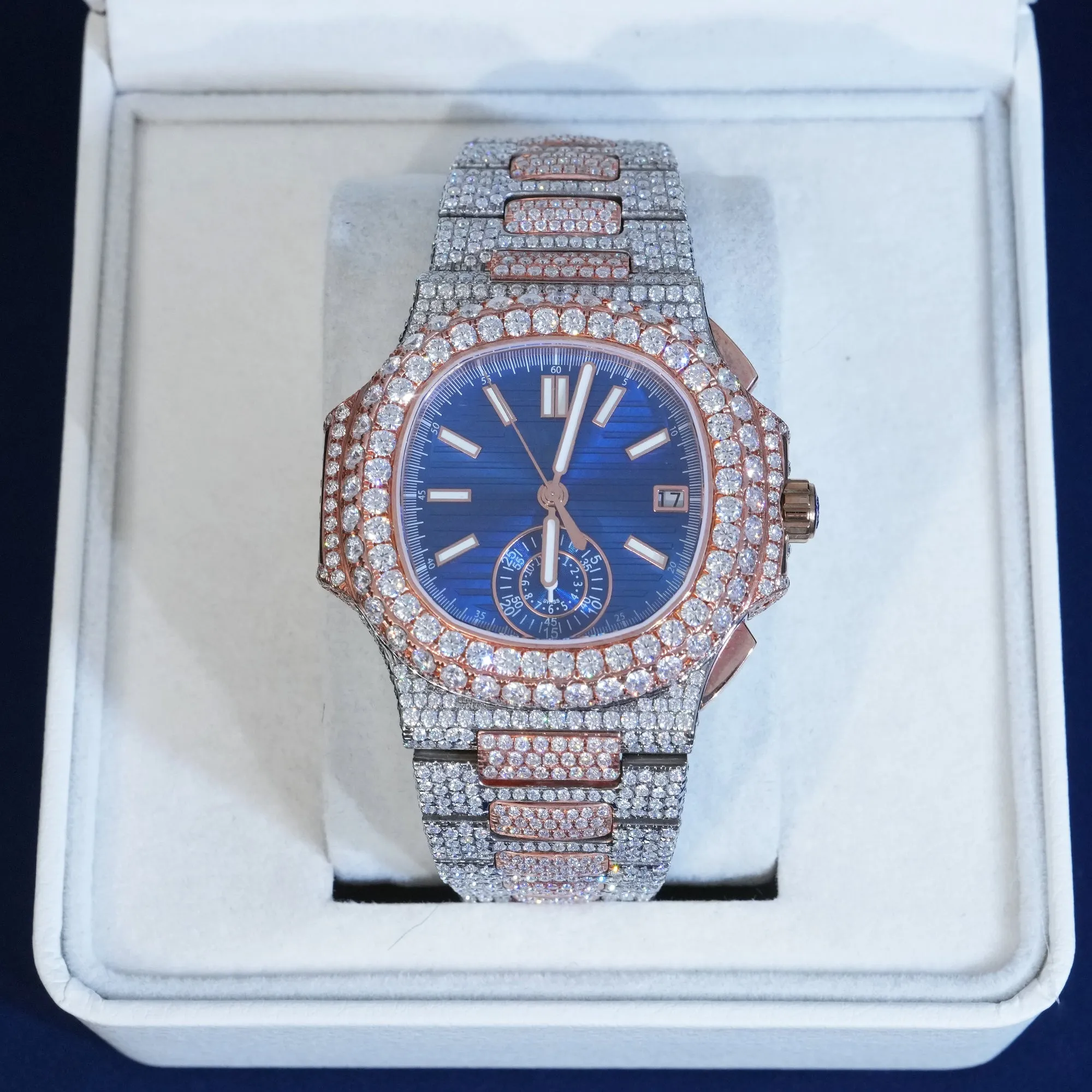 Moissanite Two Tone Blue Dial Watch sold by Ghetluxe