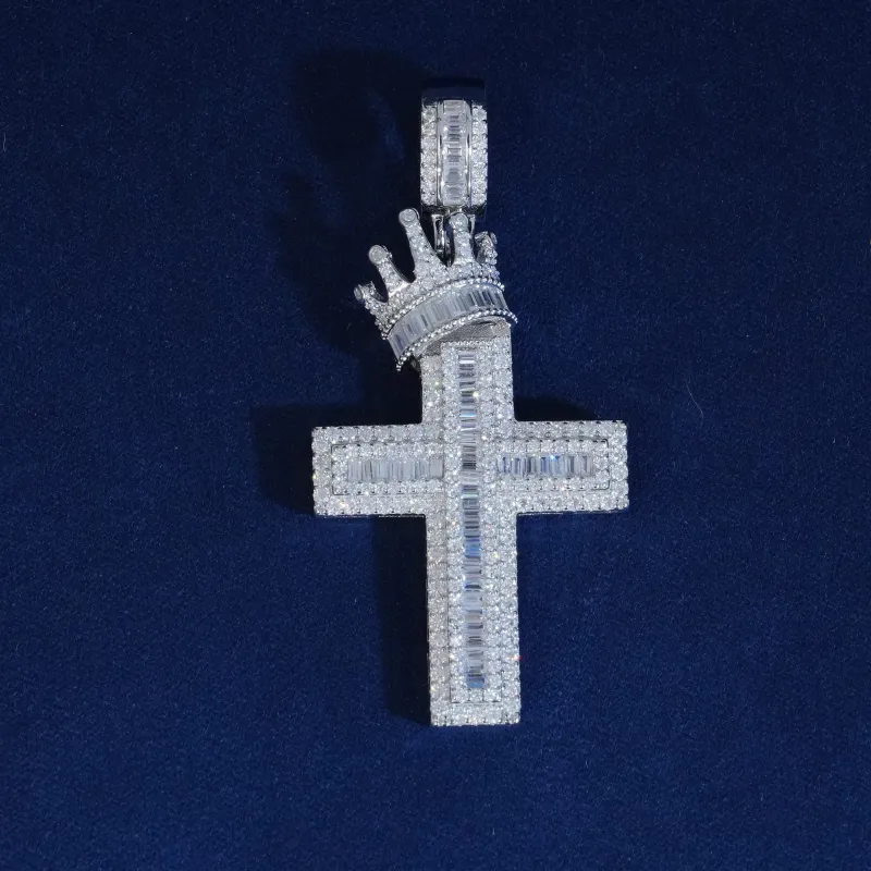 Moissanite Crown Cross Baguette Pendant sold by Ghetluxe
