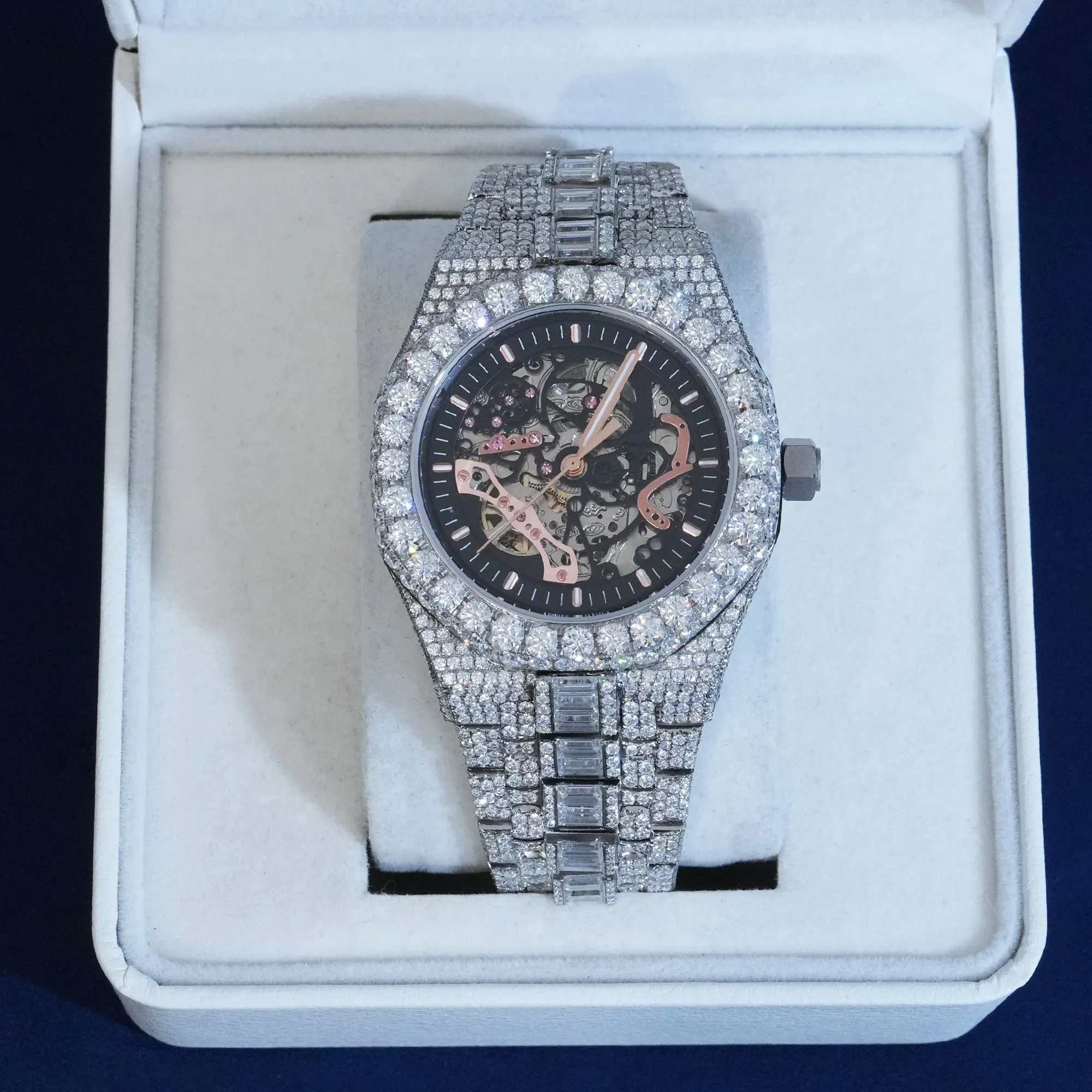 Baguette Moissanite Skeleton Watch sold by Ghetluxe