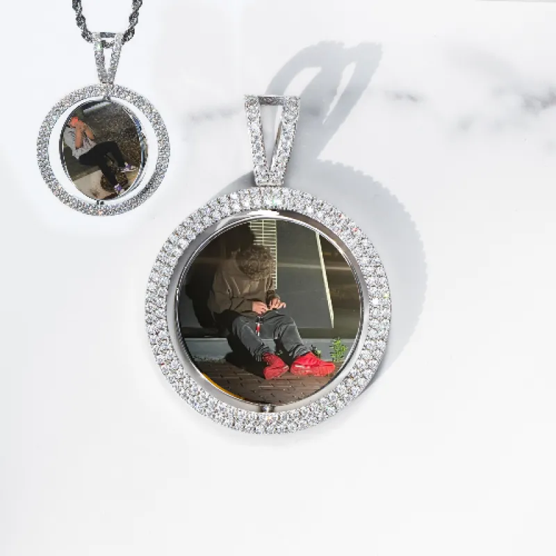 Round VVS Moissanite Custom Photo Pendant in Vermeil sold by Ghetluxe