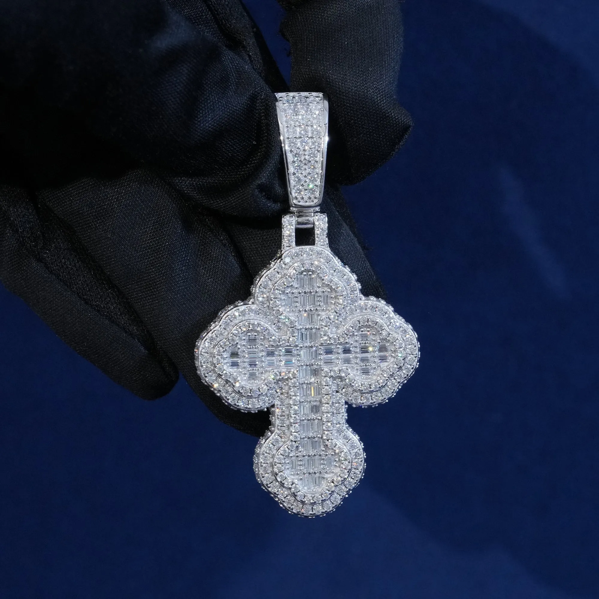 Bauguette Moissanite Emerald Cut Cross Pendant sold by Ghetluxe