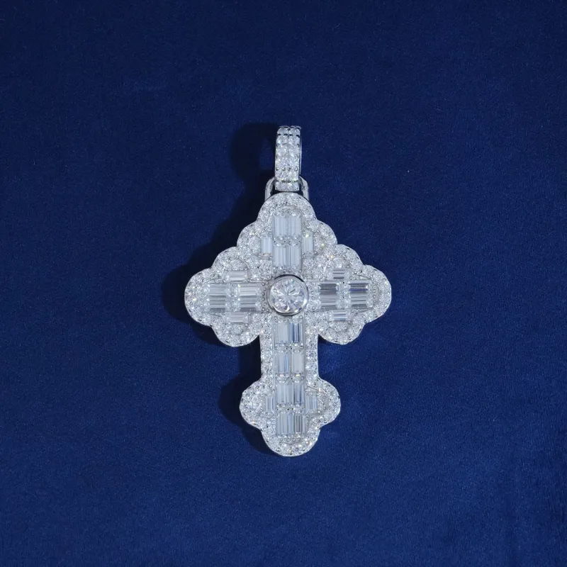Moissanite Emerald Cut Bagutette Cross Pendant sold by Ghetluxe