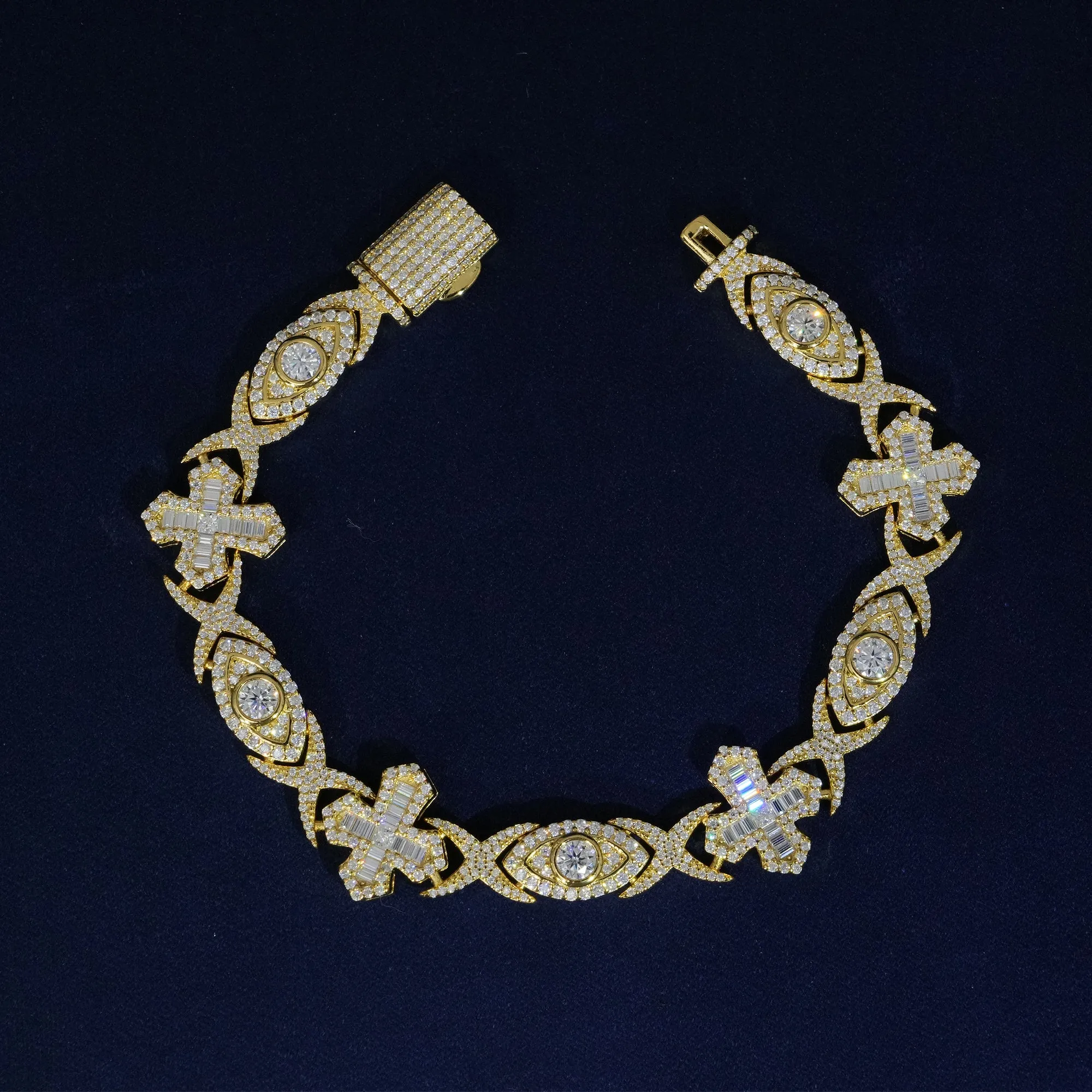 14MM Moissanite Baguette Cross Evil Eyes Bracelet sold by Ghetluxe product image thumbnail 5